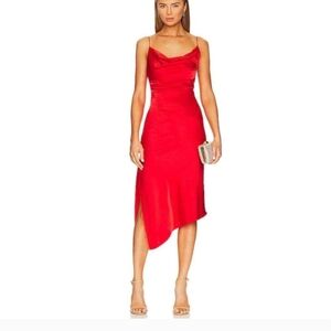 Alice + Olivia Cowlneck Red Satin Assymetrical Dress. Size 2 New With Tags